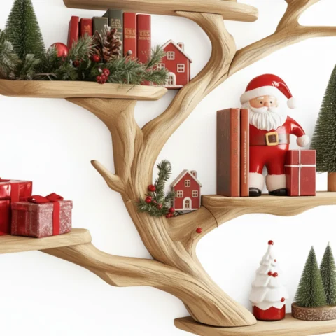 Floating Tree Bookshelf – Mid-Century Wall-Mounted Bookcase, Handmade Xmas Tree Shelf & Rustic Home Decor2