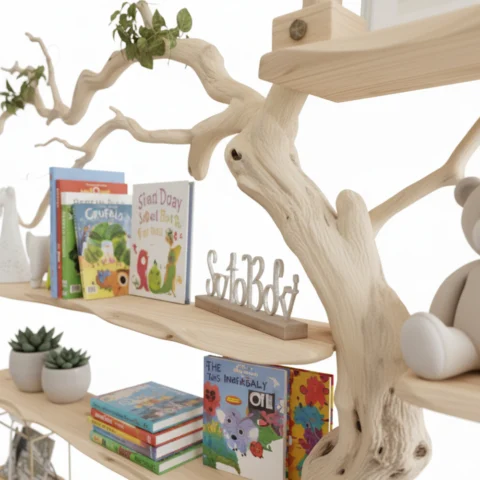 Tree Branch Bookshelf Live Edge Floating Bookcase, Solid Wood Rustic Decor & Nature-Inspired Display2