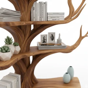 Tree Branch Bookshelf with L-Shaped Bench Handcrafted Solid Wood Storage & Seating Combo2