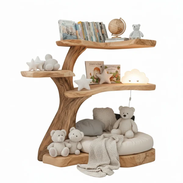 Tree Shaped Bookshelf Natural Wood - Handmade Wooden Wall Shelf with Artistic Branch Design