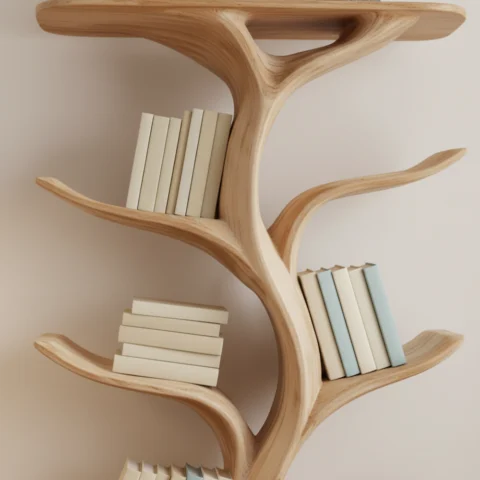 Wall-Mounted Tree Bookshelf – Handmade Vertical Wooden Bookcase for Artistic Interiors2